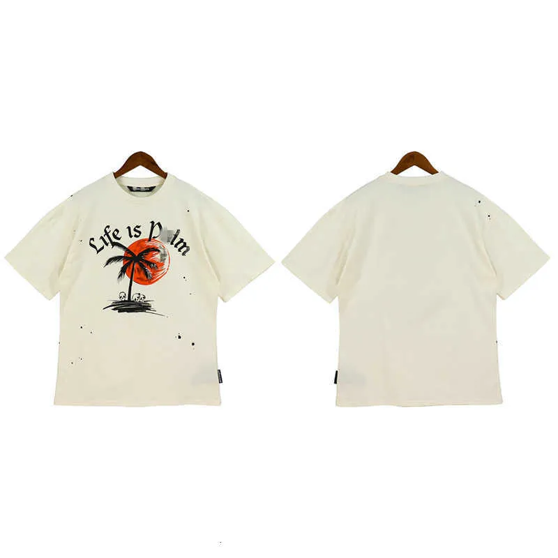 Ontwerper PA t-shirt van het luxe merk PalmsChaopai Red Sun Coconut Tree Skeleton Print T-shirt met korte mouwen voor heren en dames High Street Half