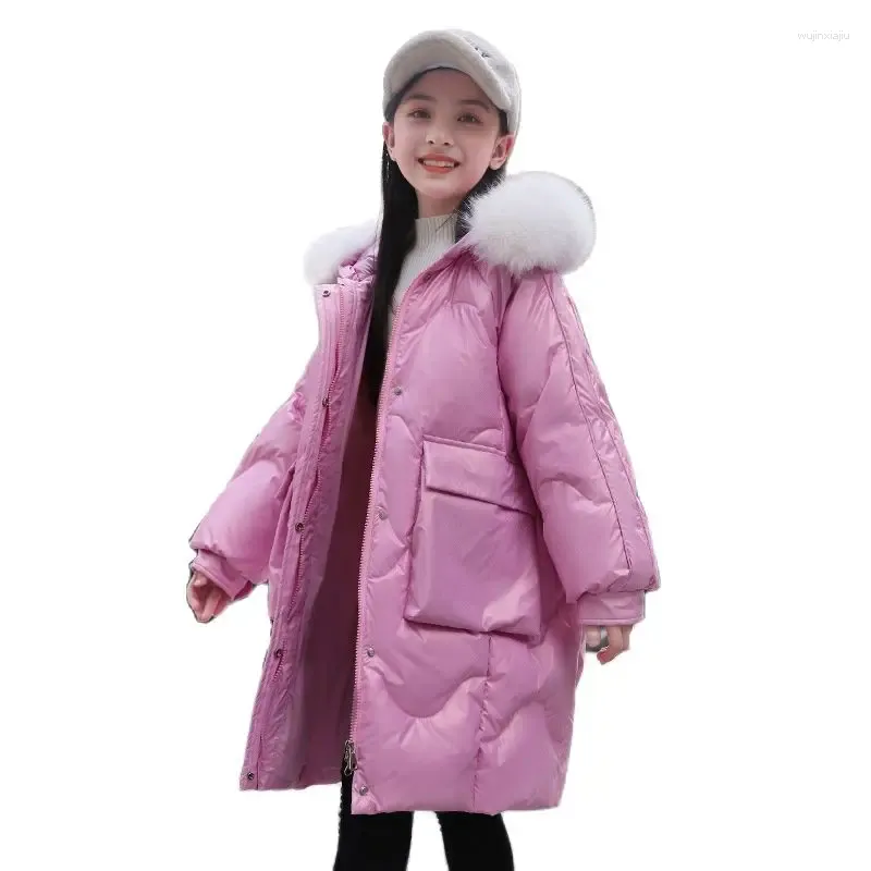 Down Coat -35 Degree Russian Winter Girls Coats For 4-12year Fashion Kids Fur Collar Long Jackets Children's Solid Color