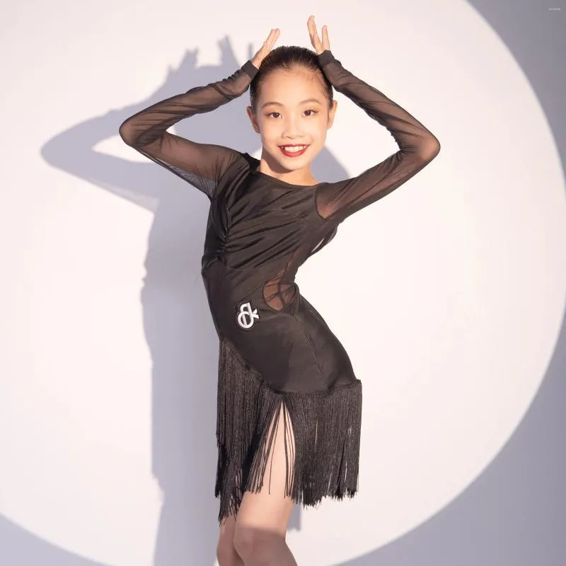 Scene Wear Kids Latin Dance Clothes for Girls Black Fringe Dress Practice Clothing Cha Rumba Samba Competition DNV18631