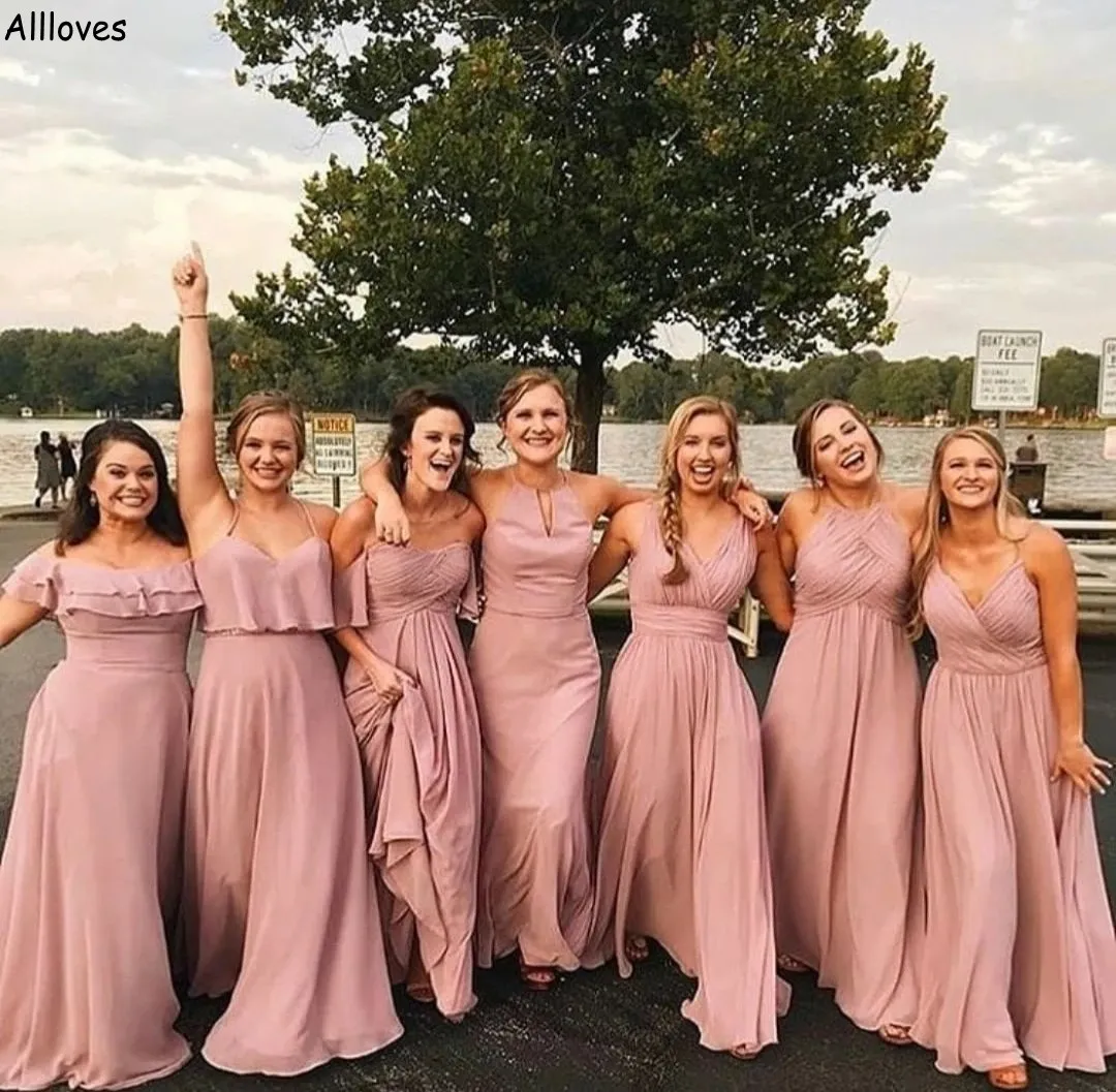 Boho Pink Chiffon A Line Dusty Pink Bridesmaid Elegant Floor Length Gown  For Spring Wedding Guests Plus Size CL2802 From Allloves, $65.21