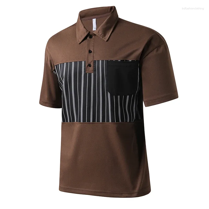Herrpolos polo skjorta 2023 sommar lös elastisk panel vertikal ficka kort ärm t-shirts andningsbara tees för män