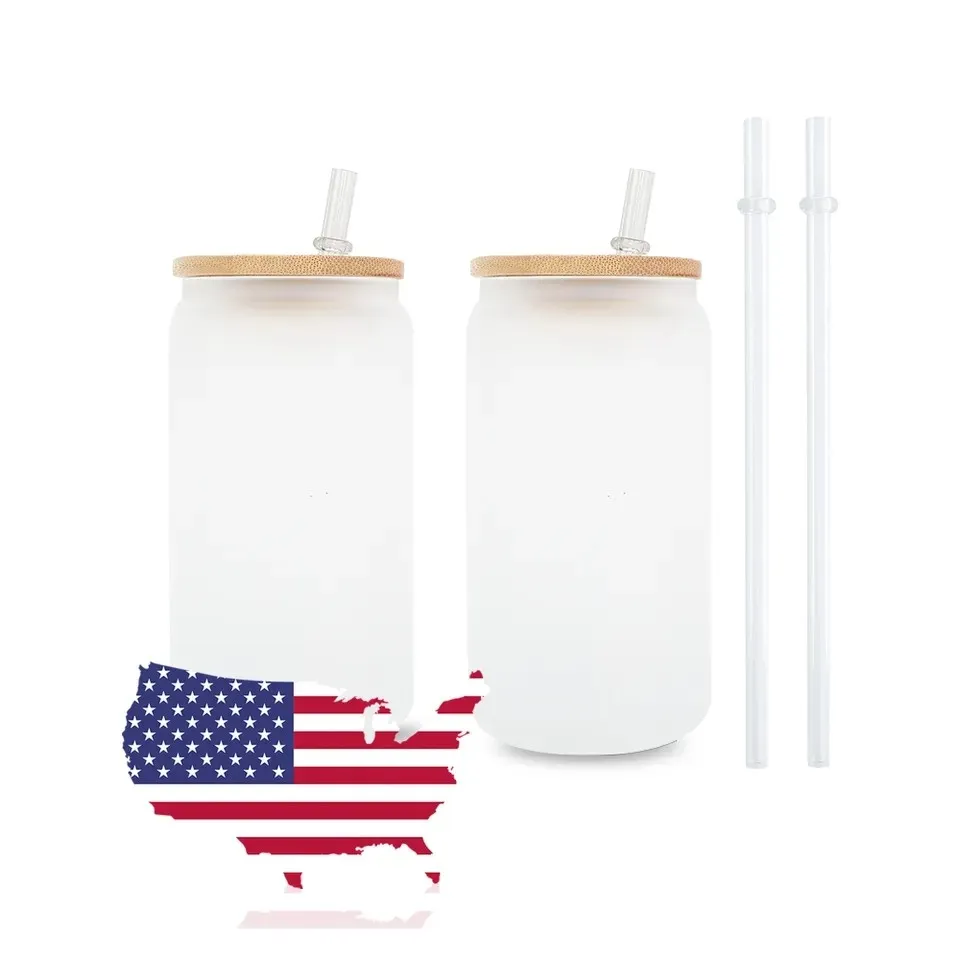 50pc/carton US CA Stocked 16oz Sublimation Glass Mugs With Bamboo Lid Clear Frosted Mugs Coffee Tea Juice Soda Cups