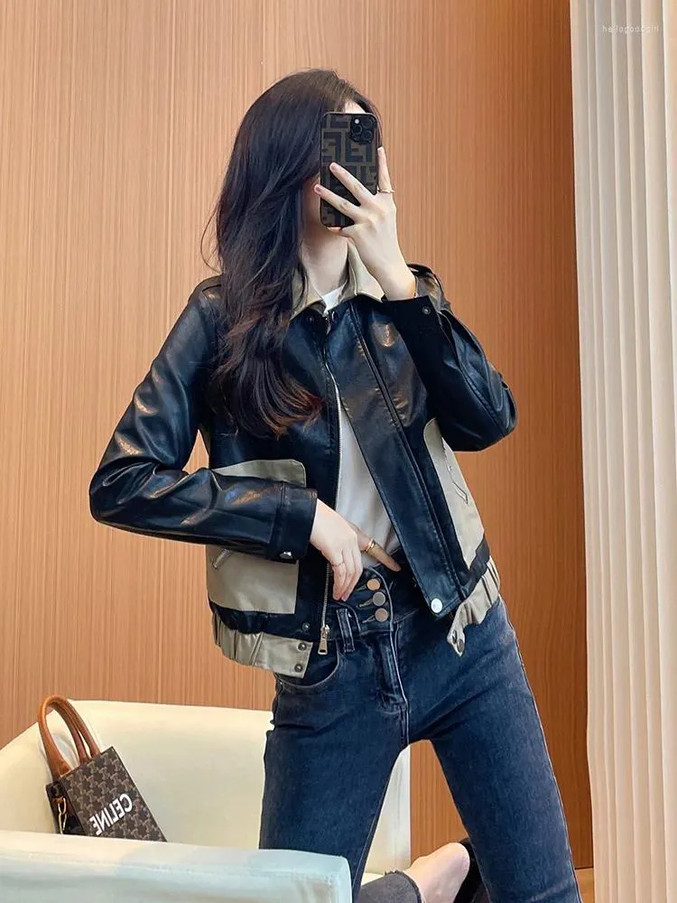 Women's Leather Spring And Autumn Motorcycle Clothes Short Pu Jacket Small Fashion Casual Korean Contrast Coat