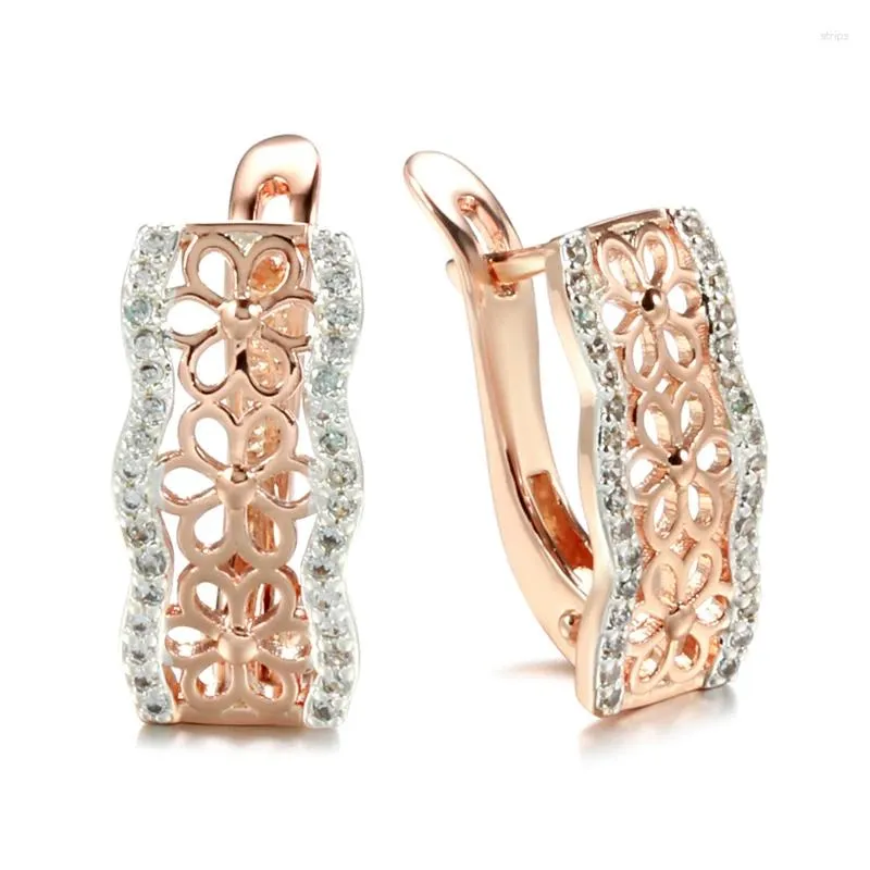 Dangle Earrings Wholesale Luxury 585 Rose Gold Color Flash CZ Zircon Ear Studs Hollow Flowers Women Brincos