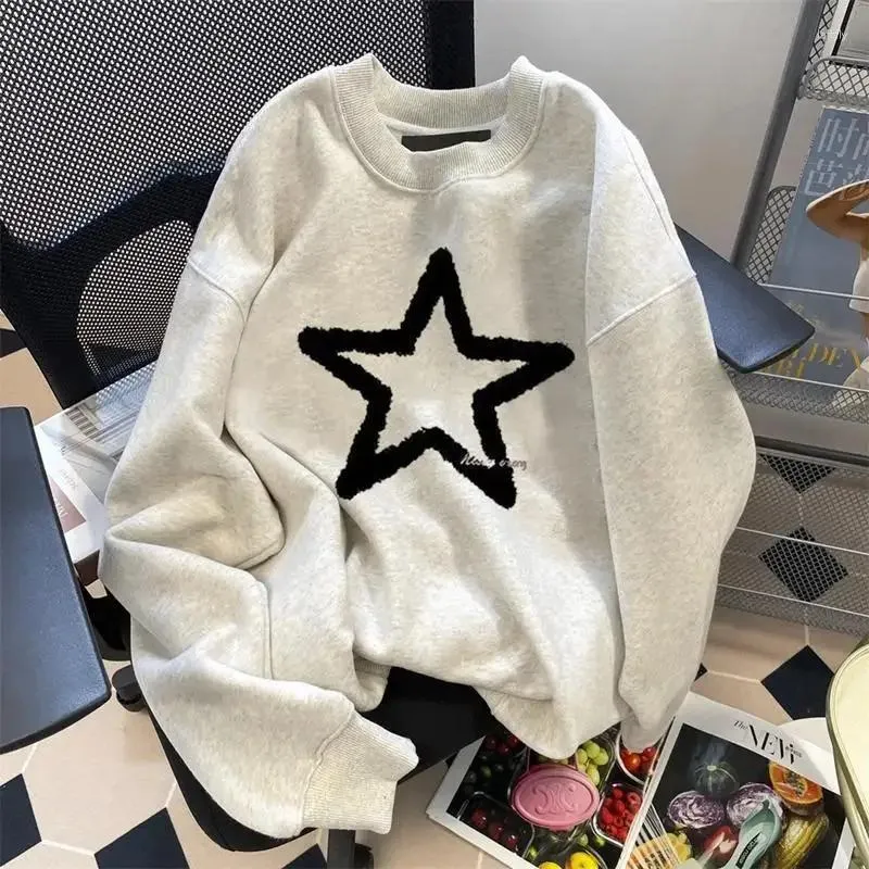 Women's Hoodies Star Print O-Neck Casual Sweatshirt Women Long Sleeve Autumn Y2K Grey Pullover Retro Fashion Sweatshirts Jumpers Female