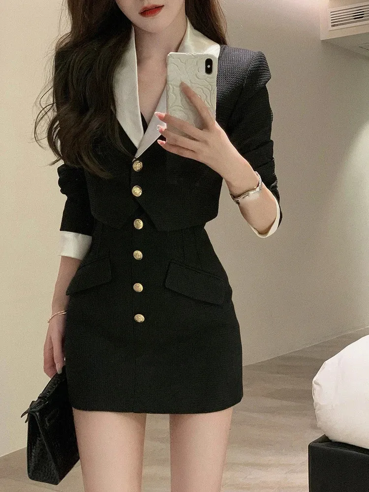 Two Piece Dress Black Y2k Mini Skirt Set Women Casual Korean 2 Piece Dress Set Crop Tops Jacket Tops Short Skirts Elegant Suit Autumn 231023