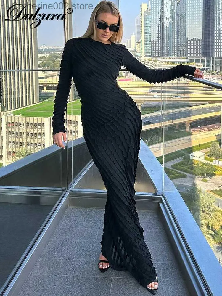 Urban Sexy Dresses Dulzura Solid Pure Color 3D Ruched Long Sleeves Maxi Dress 2023 Summer Autumn For Women Sexig Clubwear Wholesale Drop Shipping T231023