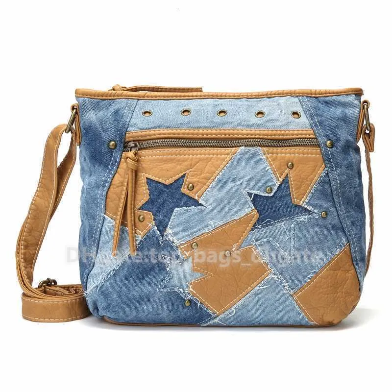 Crossbody Fashion Women väskor Lyxig handväska designer jeans axel stjärna lapptäcke mjukt tvättat handväska läder