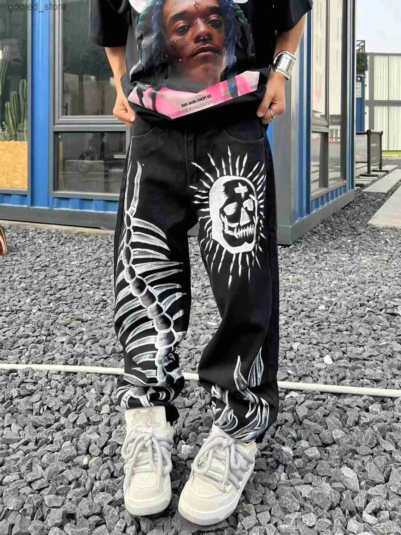 DHgate.com:Mens Y2k Skull Print Denim Trousers, Black DHgate.com:Mens Y2k Skull Print Denim Trousers, Black