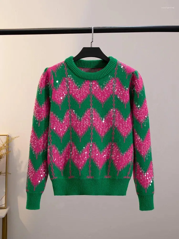 Maglioni da donna Vintage Patchwork Paillettes lavorato a maglia Pullover maglione Donna O-Collo Maglione 2023 Autunno Inverno Manica lunga Maglieria Top