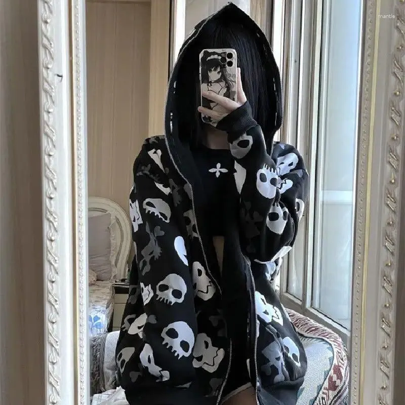 DHgate.com:Women\u0026#039;s Hoodies Y2k Vintage Emo Women Streetwear Skull  Print Hoodie Black Zip Up Grunge Oversized Sweatshirt Gothic Harajuku Alt  Clothes:Apparel