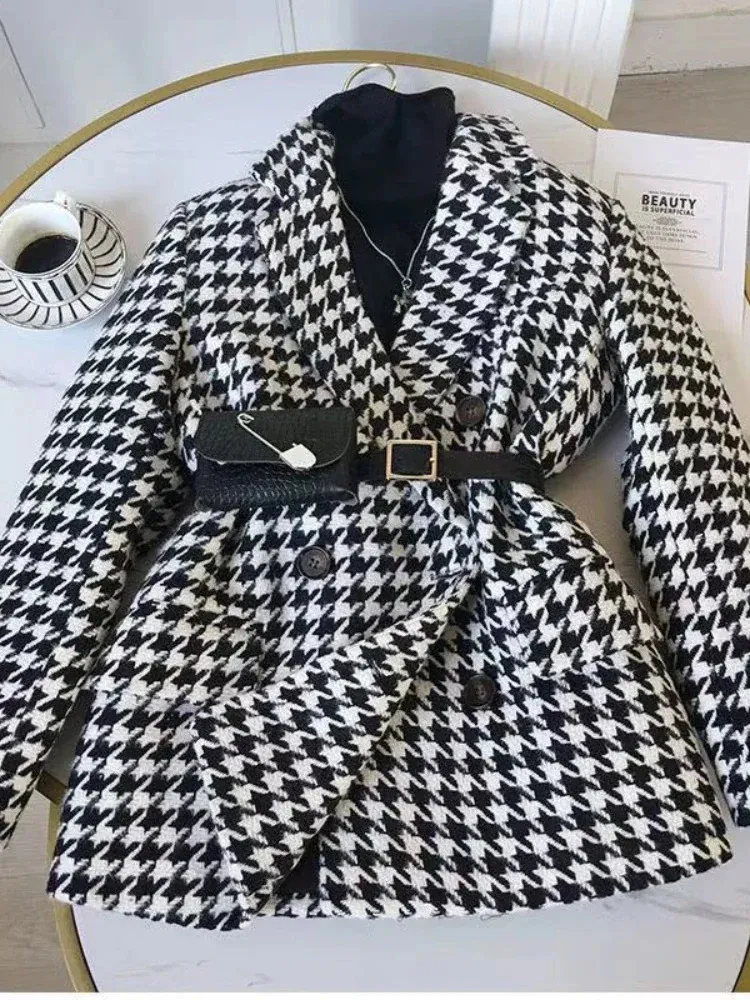 Femmes laine mélanges manteau femmes veste d'hiver automne laine costume épaissi pied-de-poule damier Blazers Streetwear 231023
