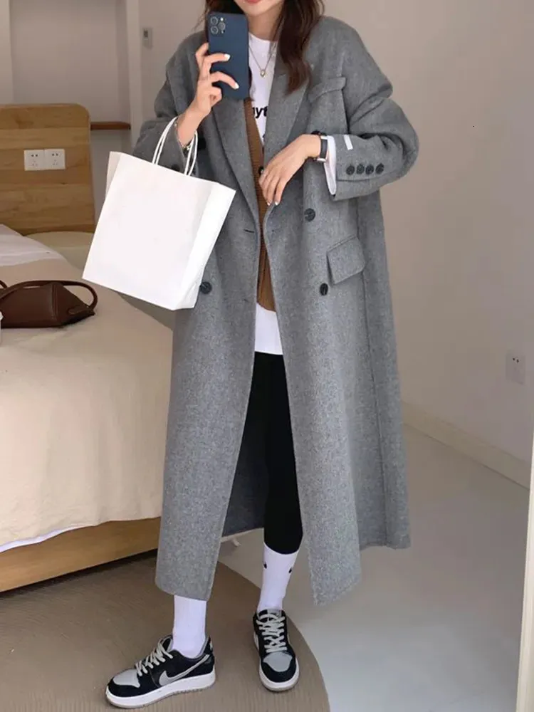 Mulheres misturas de lã Zoki inverno grosso escritório senhora casaco longo elegante moda jaqueta feminina simples manga cinza todos os jogos outwear 231023