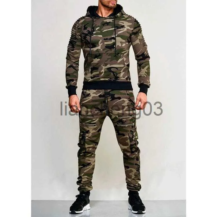 Survêtements pour hommes Nouveau 2 pièces Survêtement Hommes Sweat à capuche militaire Ensembles Sublimation Camouflage Muscle Man Automne Hiver Veste Tactique Pantalon J231023