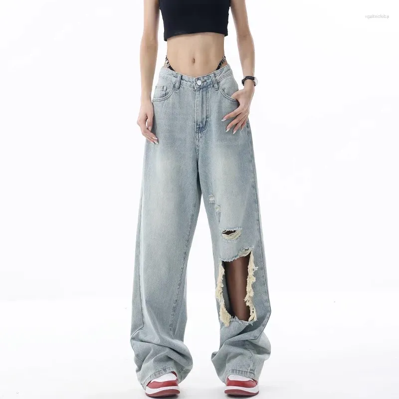 Kvinnors jeans Kvinnors WCFCX Studio Y2K High Street Wide Leg for Women Midje Bagge Ripped Pants Woman's Vintage American Denim