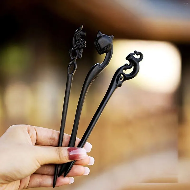 Fermagli per capelli Bastone nero Gioielli per panini in stile cinese per le donne Legno di sandalo a forma irregolare Forcina Chopstick Ragazze Hanfu Diademi Regalo