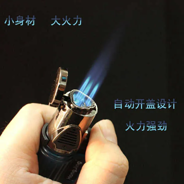 Inflatable Lighter Personalized High Temperature Small Welding Gun Blue Flame Cigar Moxibustion Spray Gun Three End Direct Charge Fixed Fire