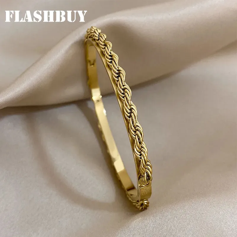 Bangle FLASHBUY Simples Cor de Ouro Torcido Pulseiras de Aço Inoxidável Pulseiras para Mulheres Na Moda Design Único À Prova D 'Água Jóias Presente 231021