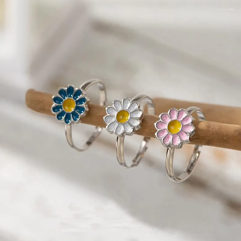 Pierścionki ślubne 3PC/Zestaw niebieski różowy biały stokrotka regulowana pierścionek otwierający dla kobiet proste kwiat dziewcząt Siostra Przyjaciele biżuterii