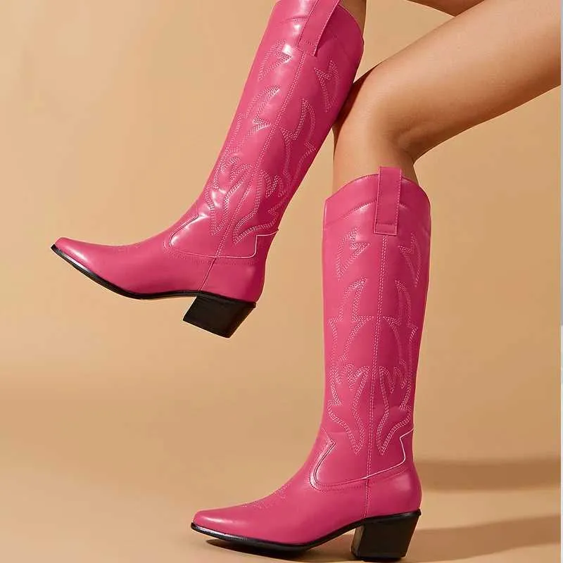 Botas étnicas hasta la rodilla de moda cuñas de Primavera/otoño para mujer puntiagudas bordadas Paisley oblicuo 230922