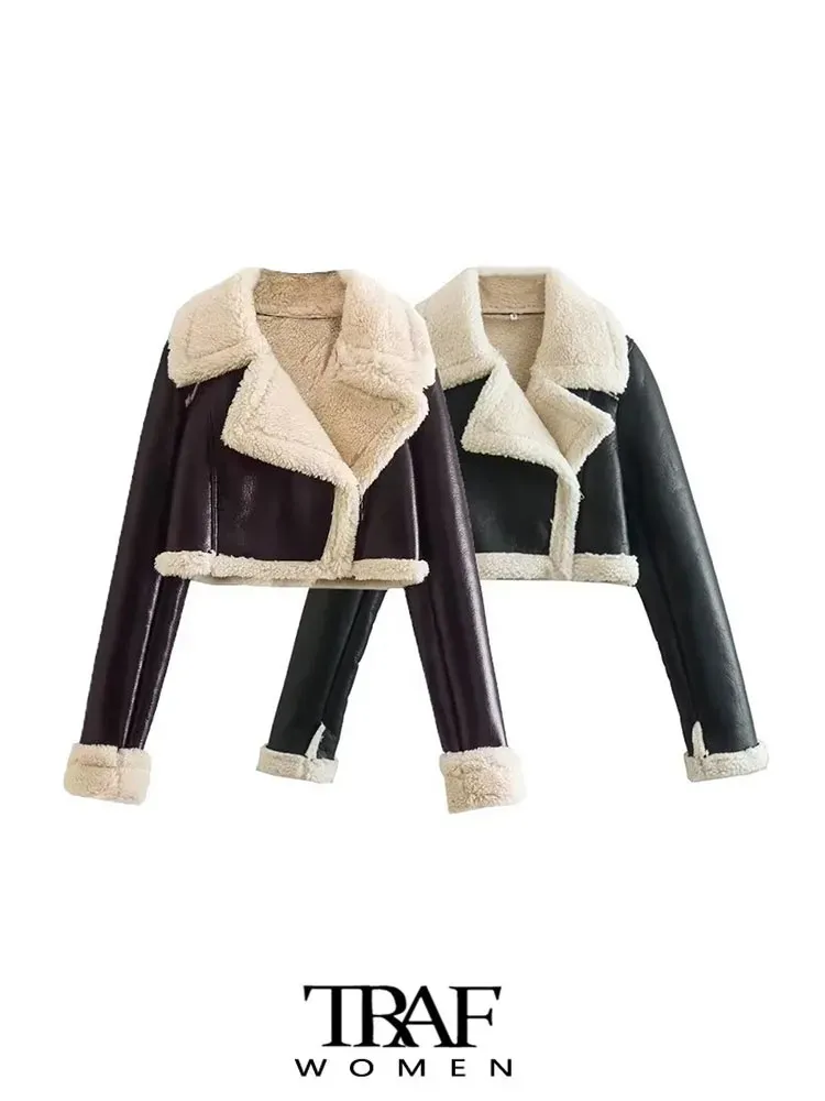 Women's Jackets TRAF Women Fashion Thick Warm Faux Shearling Crop Jacket Coat Vintage Long Sleeve Front Zipper Female Outerwear Chic Tops 231021