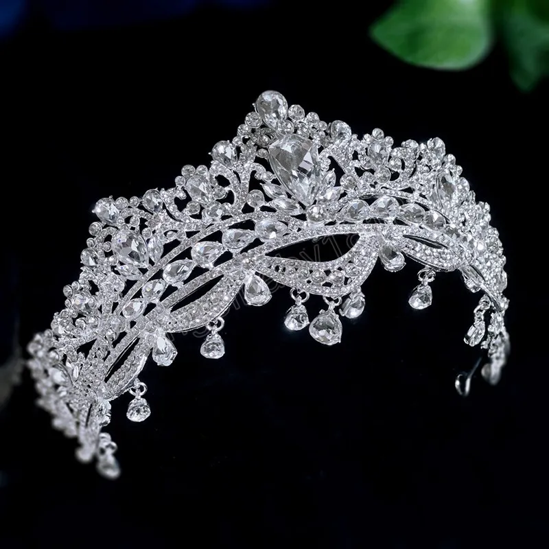 Lüks Rhinestone Gelin Tiaras ve Crown Barok Kristal Pageant Balo Diadem Gelin Kristal Kafa Bantları Düğün Saç Takı