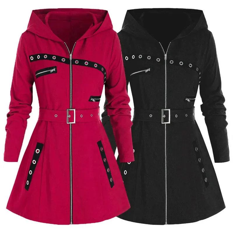 Damen Trenchcoats Frauen Lange Hoodies Mantel Herbst Winter Ärmel Gothic Punk Print Warme Jacke Weibliche Streetwear Reißverschluss Sweatshirt Jacken 231023