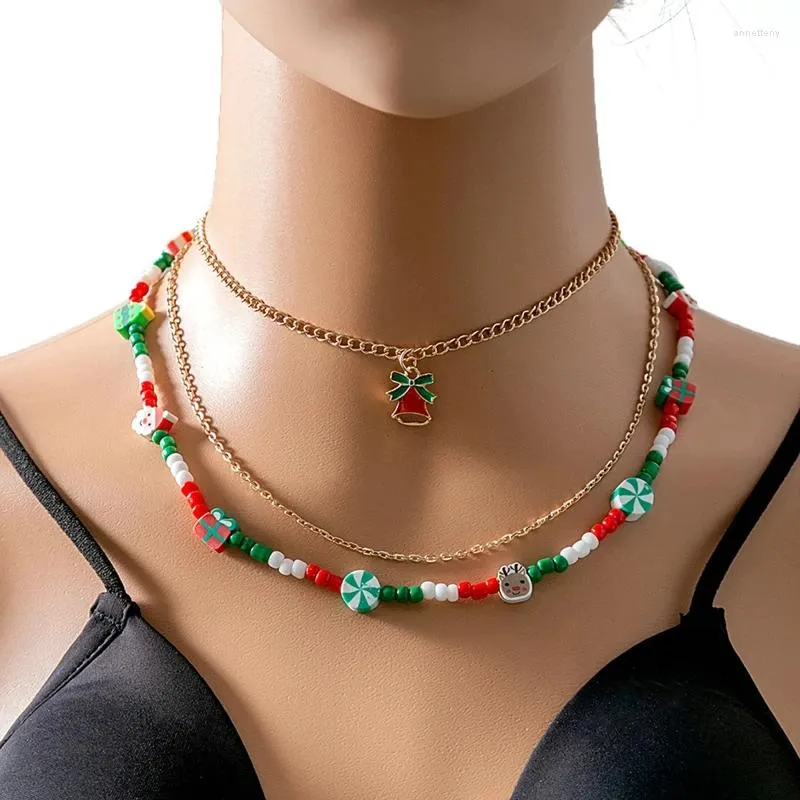 Pendentif Colliers Mode Noël Multicouche Collier Vert Rouge Argile Perles Ras Du Cou Arbre Cloche Père Noël Femmes Boho Noël Bijoux Cadeaux