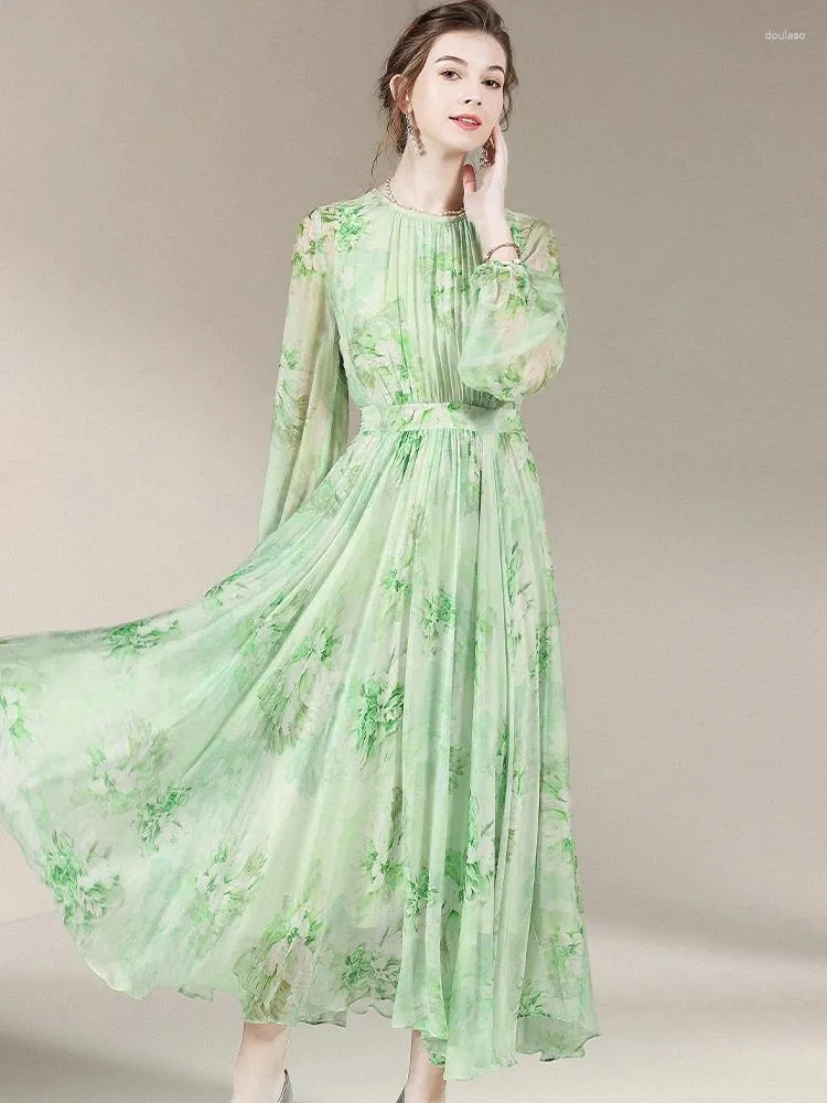 Sıradan Elbiseler Gerçek İpek Elbise Bahar Üstü Yeşil Çiçek Kadın Giyim Giysileri Vestido için Uzun Kollu Maxi