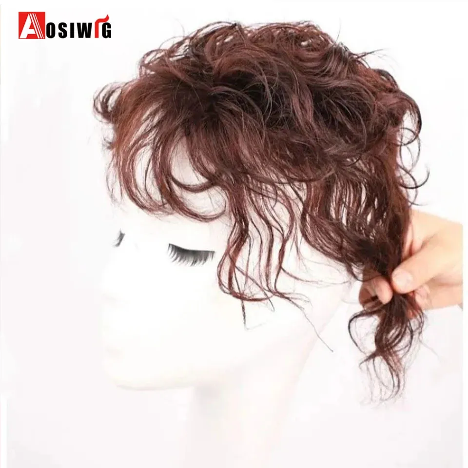 Perucas sintéticas AOSIWIG Curto Encaracolado Preto Marrom Peruca Top Peruca Clipe no Sistema de Substituição de Cabelo Fechamento Hairpiece Bang 231024