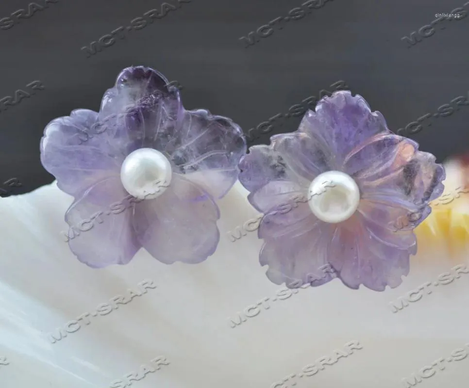 Boucles d'oreilles Z12036, véritable naturel, 25mm, fleur d'améthyste violette, perle blanche