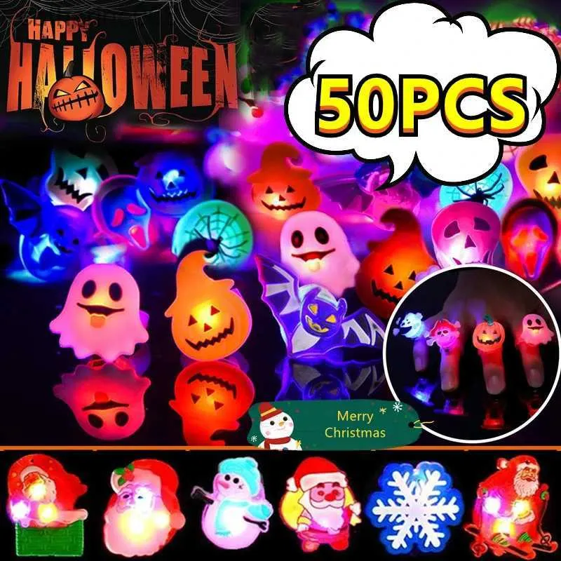 Andra leksaker 50/30/20/10/5 st ledande lysande jul Halloween -ringar Creative Pumpkin Ghost Skull Glowing Finger Rings Toys Lights Party Decorl231024