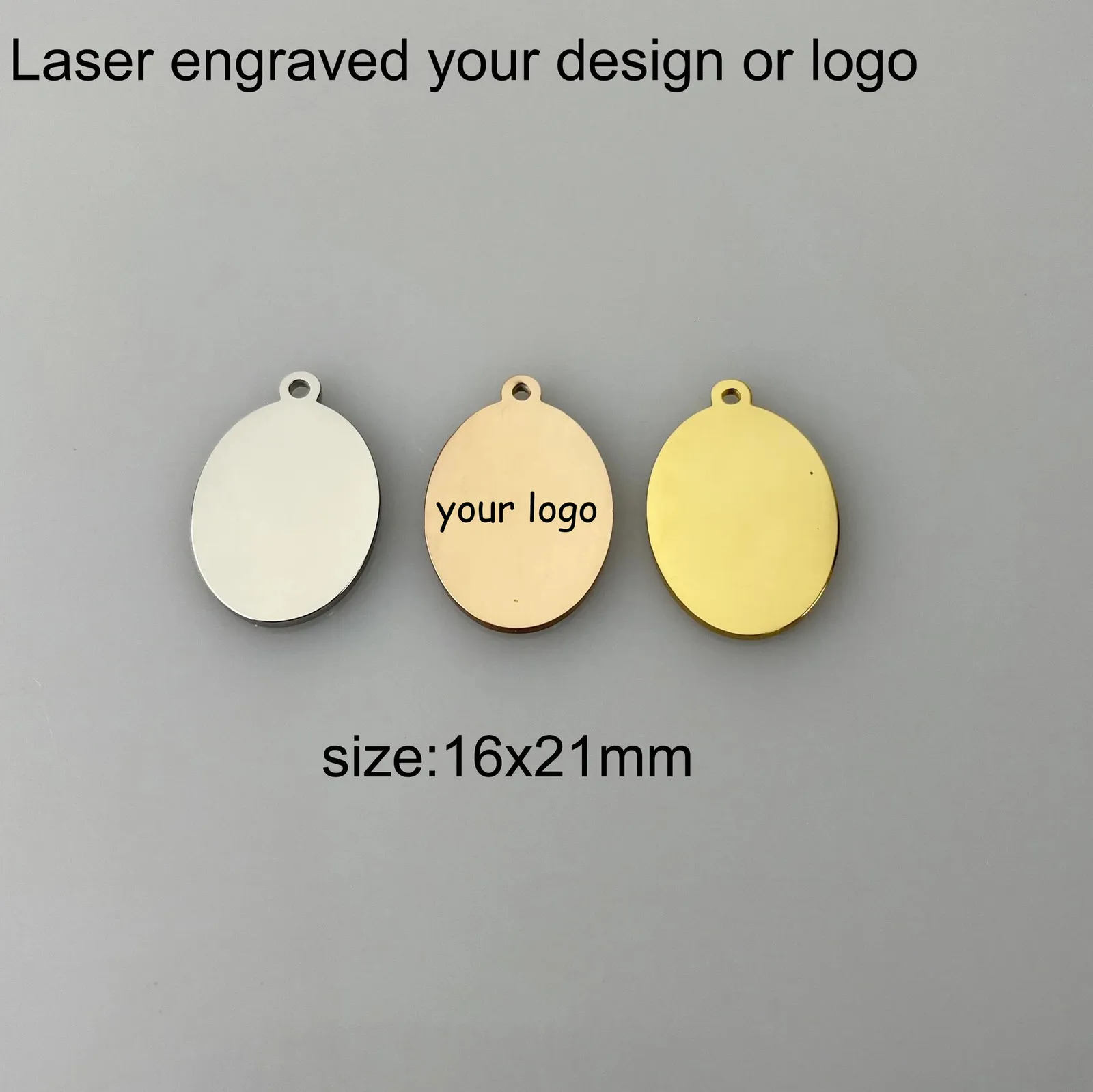 Colares de pingente 50 pcs por lote personalizado oval tag laser gravado charme de aço inoxidável para pulseira encantos 231023