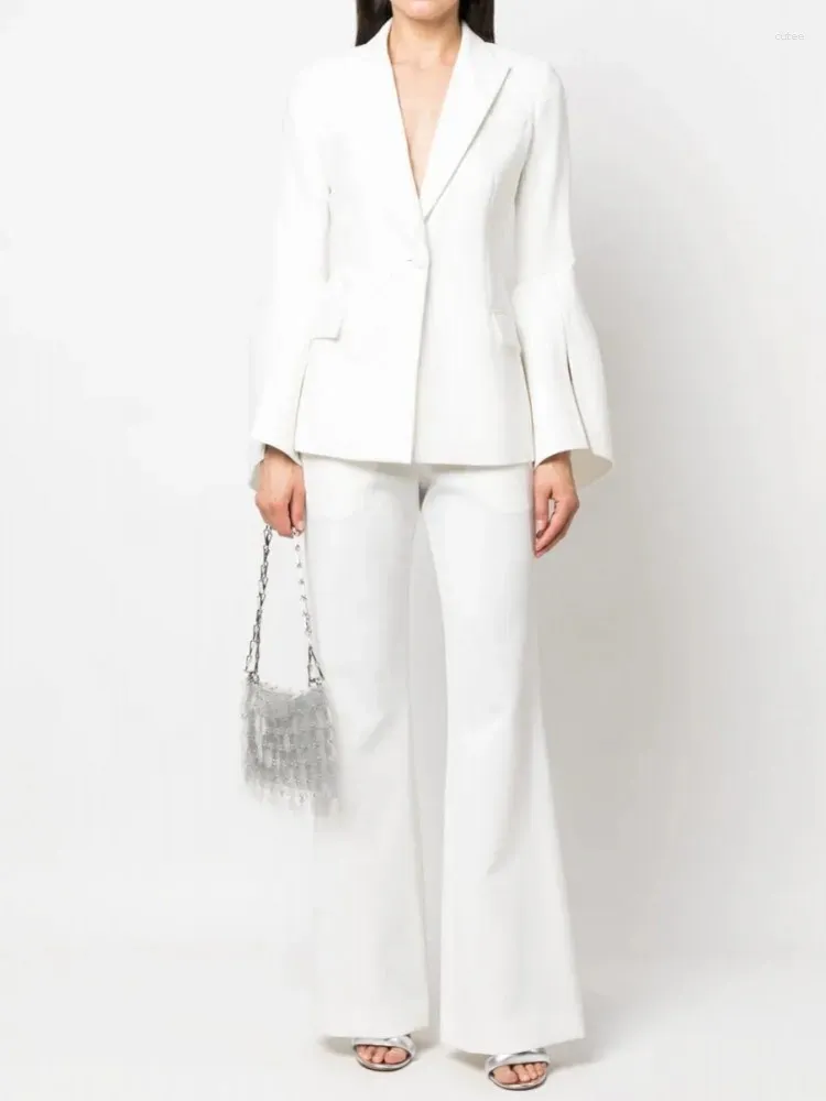 Kvinnors kostymer Office Wear Coats Autumn White Blazers notched Lapel Single Button Special Flare Sleeve Split Ol Coat