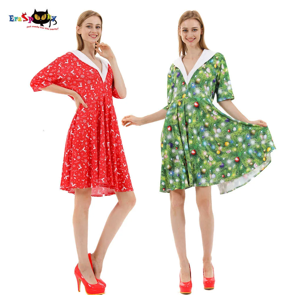 cosplay Eraspooky 2020 Robe d'arbre de Noël vert renne rouge pour femmes Costume de Noël Fête du Nouvel An Robes col en V Femalecosplay