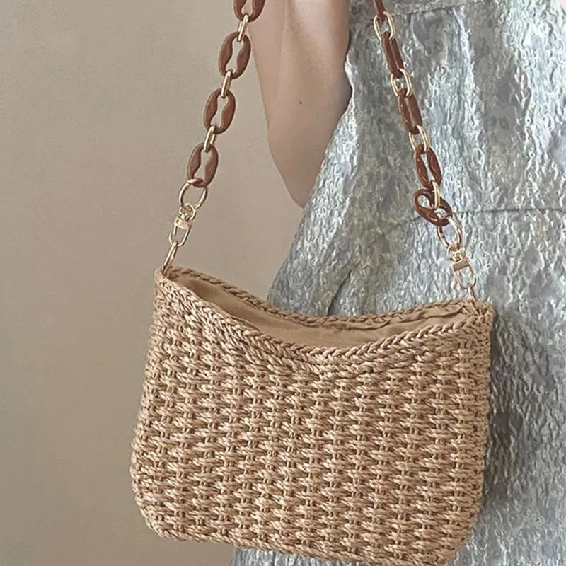 Evening Bags Summer Straw Chain Shoulder Bag For Women Handbag Rattan Boho Causal Woven Messenger Basket Purse Female Clutch 2023