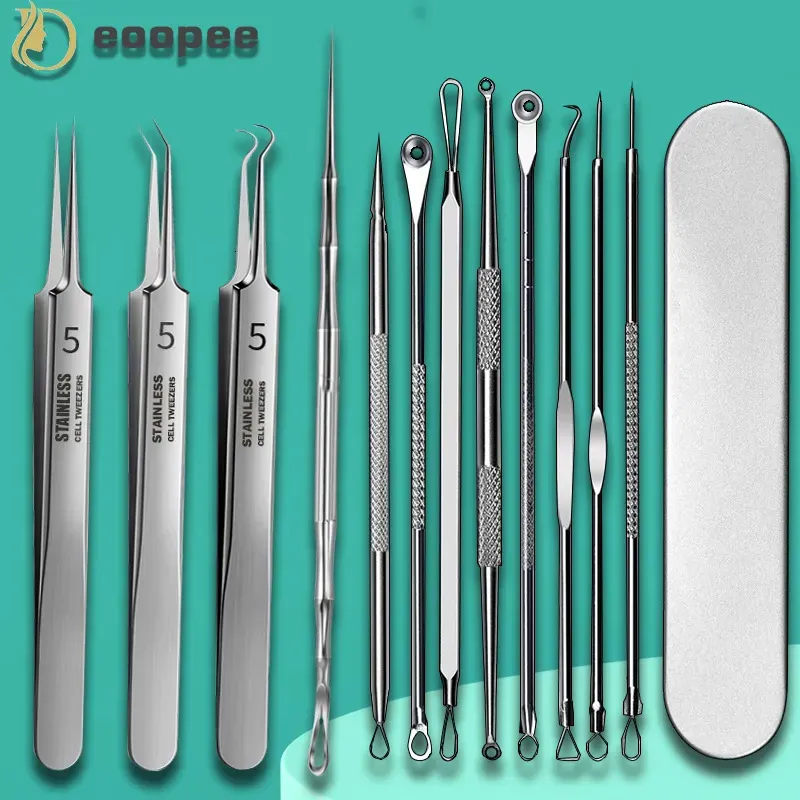 Eye Massager 11Pieces Professional Tweezers Acne Remover German Ultrafine No 5 Cell Pimples Blackhead Clip Pore Cleaning Care Tool 231023