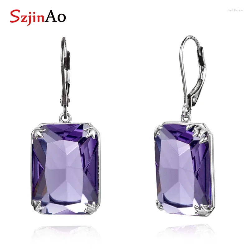 Boucles d'oreilles pendantes Vintage longue goutte pour femmes avec pierre violet améthyste levier dos solide 925 argent Sterling femme bijoux rétro