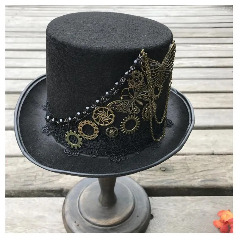 Berets ręcznie robiony steampunk top czapka z metalowym sprzętem dla mężczyzn kobiety magiczny melonik rozmiar 57 cm