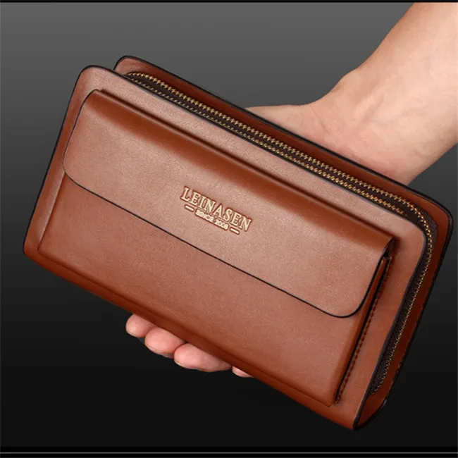 Factory wholesale men bag Joker zipper solid color leather wrist bags multi-card long three colors mens handbag fashion business leathers storage wallet 8222#