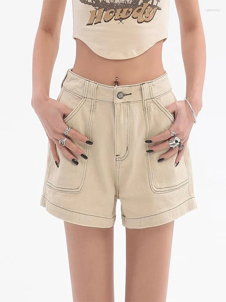Женские джинсы, женские шорты 2023 года с пятью точками, однотонные свободные уличные брюки с высокой талией, широкие брюки, одежда бежевого цвета, женские Harajuku Y2k