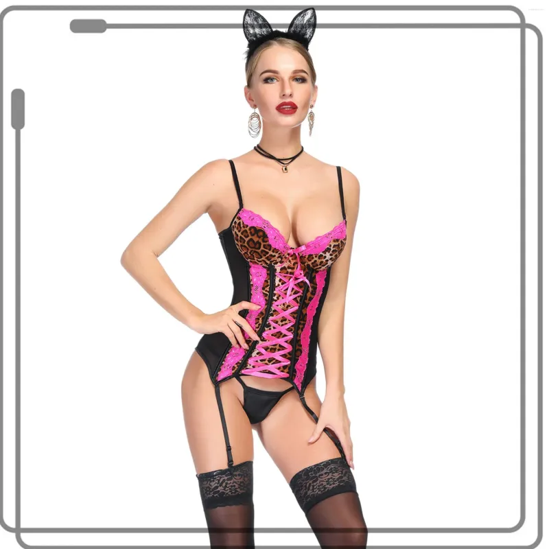 Bustiers Corsets femmes Sexy léopard dentelle florale garniture en plastique os extensible maille Chemise Corset Lingerie haut