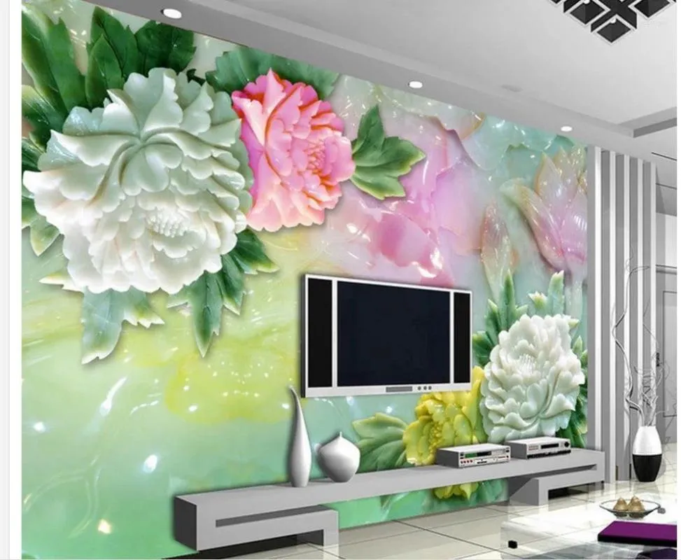 Fonds d'écran 3D Fond d'écran Jade Sculpture Pivoine Fleurs Fond Peinture Salle de bains Personnalisé Po