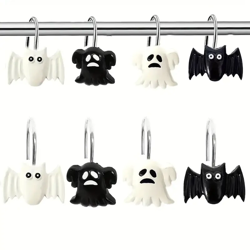 12 pièces crochets de rideau de douche fantôme d'halloween, anneaux de suspension de douche de cauchemar effrayant noir et blanc, fournitures de fête d'horreur d'halloween de salle de bain de maison mignonne,