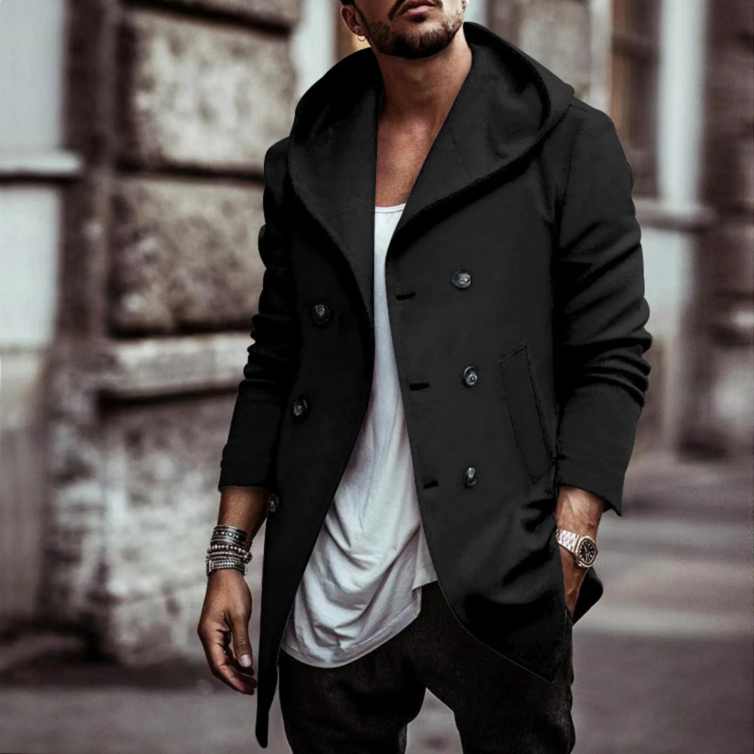 Mens Mid-Length Trench Coat Designer Hooded Overcoat, Double