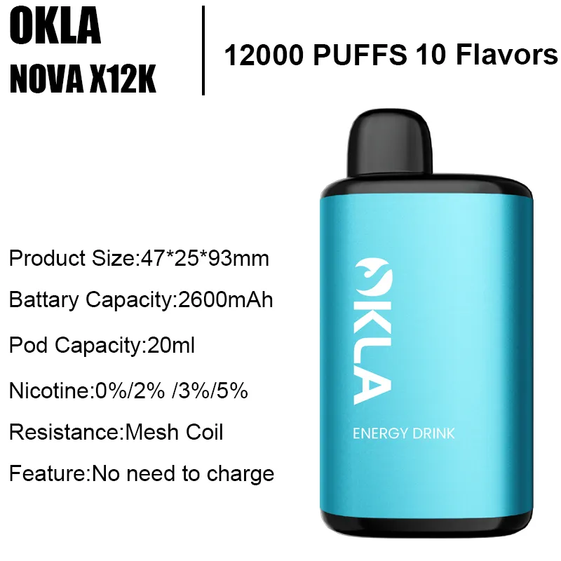 OKLA NOVAX 12000 Puff disposable vape pen electronic cigarette starter Kit 0% 2% 3% 5% Wholesale vapers desechables 20ml No need to charge Mesh Coil