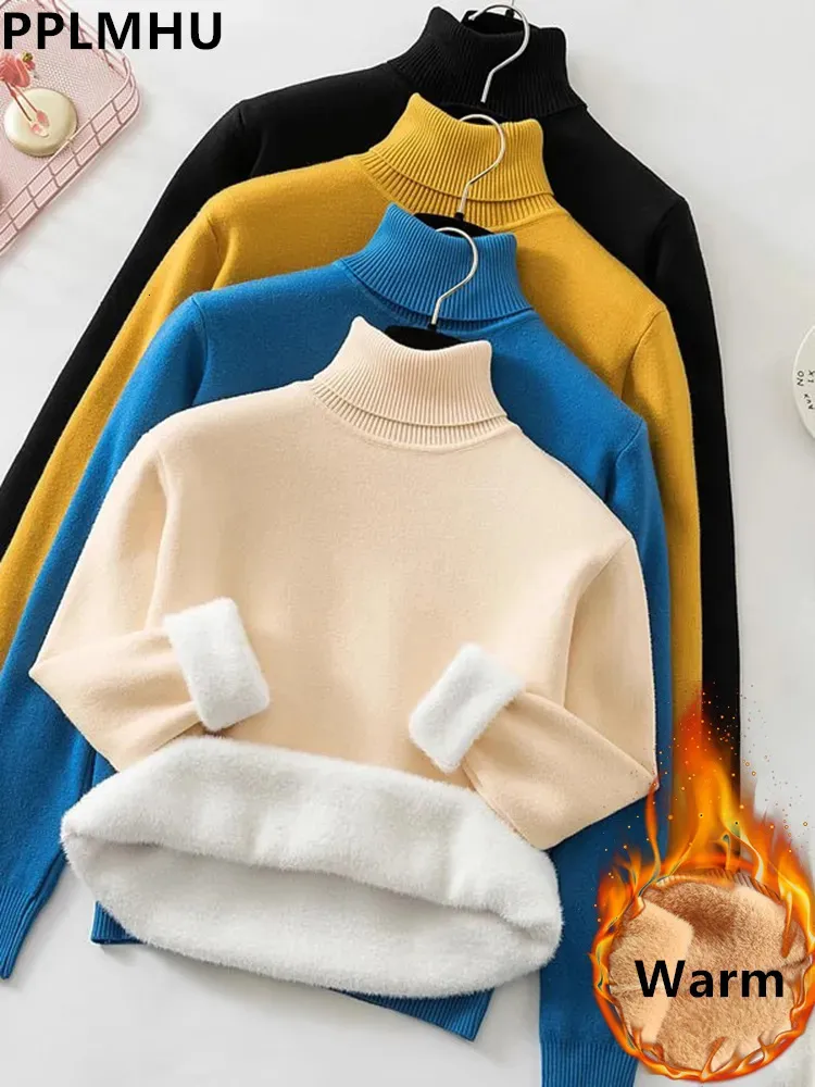 Женские свитера, зимняя водолазка, тонкий свитер Womem, теплые поляры, плюшевая подкладка, утепленный вязаный пуловер, корейский пуловер, мягкий трикотаж, джемпер, топ Sueter 231024