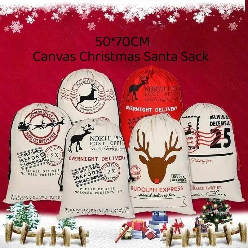 Juldekorationer Xmas Santa Sack 50x70cm Canvas Christmas present DrawString Pocket Bäckvävpåsar Party Presentväska DHL Frakt