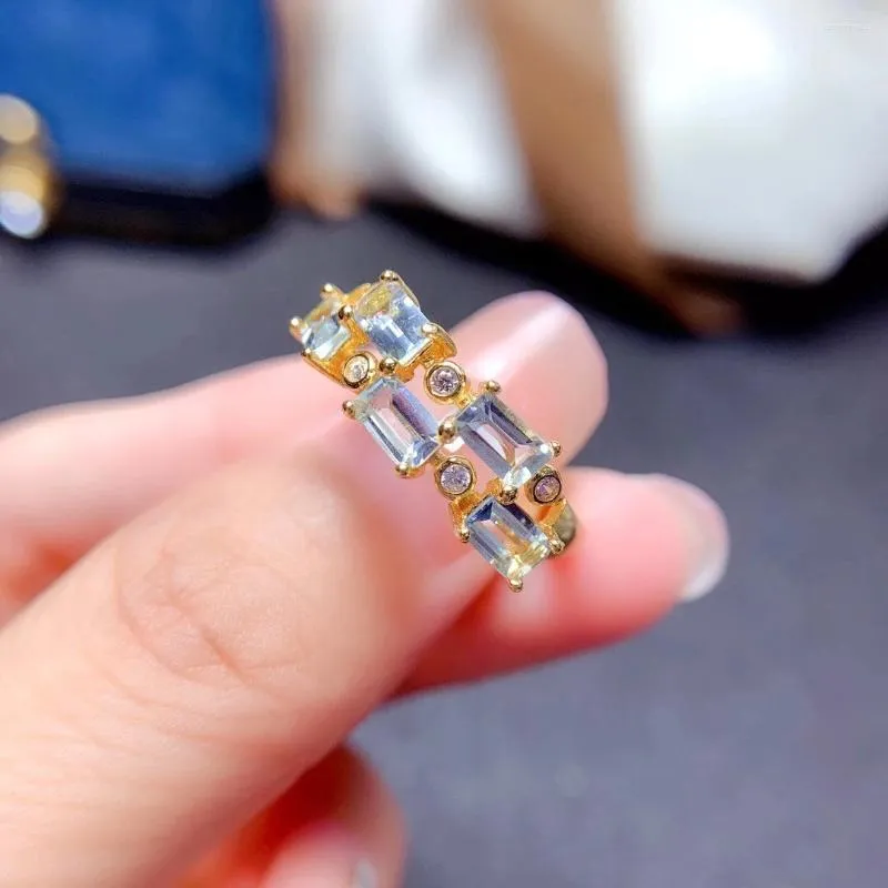 クラスターリング3mm 5mmエメラルドカットナチュラルアクアマリンリングパーティーデザインスタイル925シルバーギフトウーマン