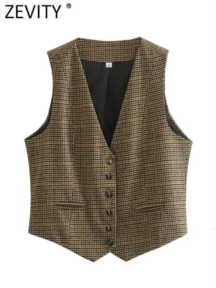 Women's Vests Zevity Women Vintage V Neck Houndstooth Print Breasted Slim Short Vest Jacket Ladies Sleeveless Casual WaistCoat Tops CT3053 231024